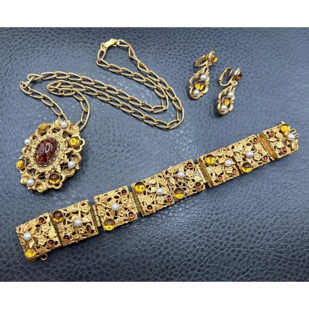 VTG St. Labre Parure Filigree Pendant Necklace Bracelet Earrings Set Rhinestone
